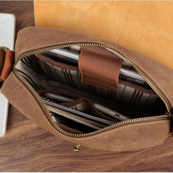 Genuine Leather & Waxed Canvas Crossbody Bag – 10-Inch, Waterproof & Durable - Picture 5 of 8